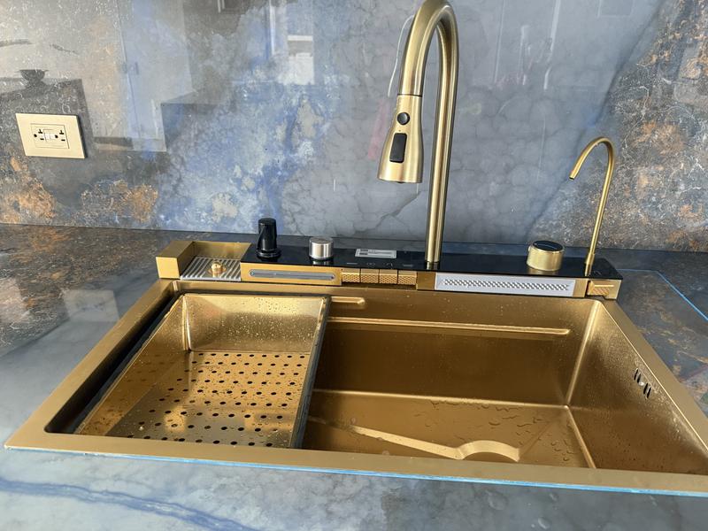 Lavaplatos Inteligente 75CMX45CM Multifuncional Premium Dorado con Accesorios Integrados