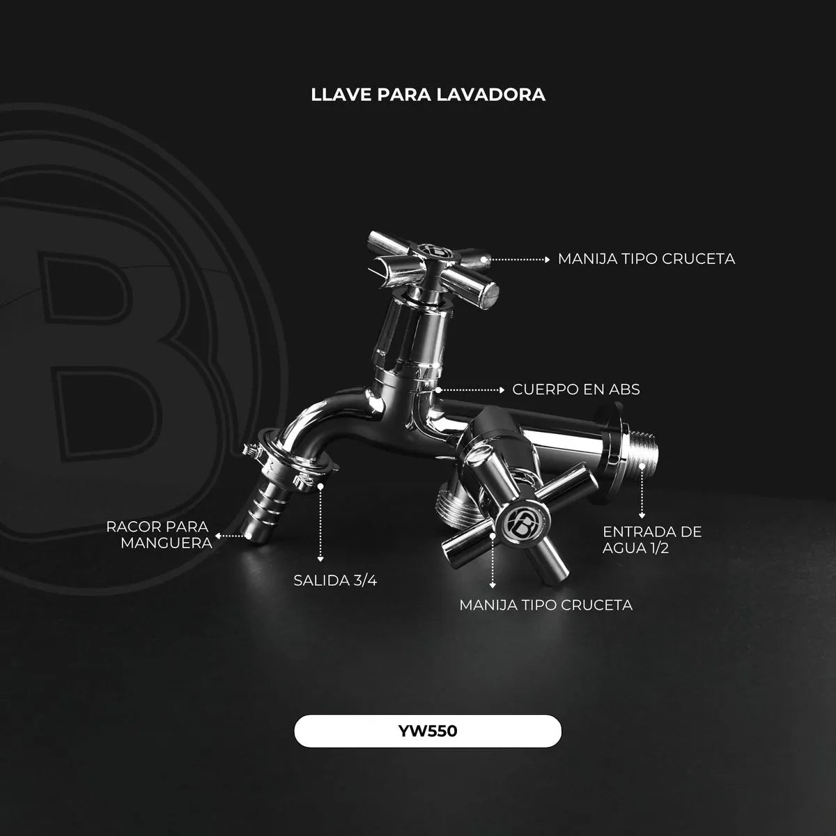 Llave para Lavadora Doble Función ABS Cromada 1/2" x 3/4"