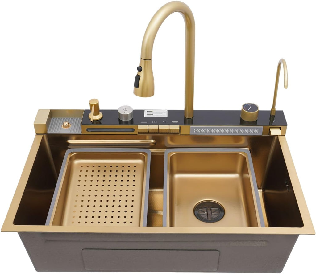 Lavaplatos Inteligente 75CMX45CM Multifuncional Premium Dorado con Accesorios Integrados