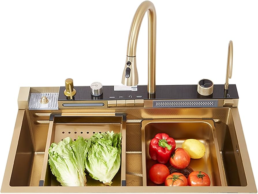 Lavaplatos Inteligente 75CMX45CM Multifuncional Premium Dorado con Accesorios Integrados