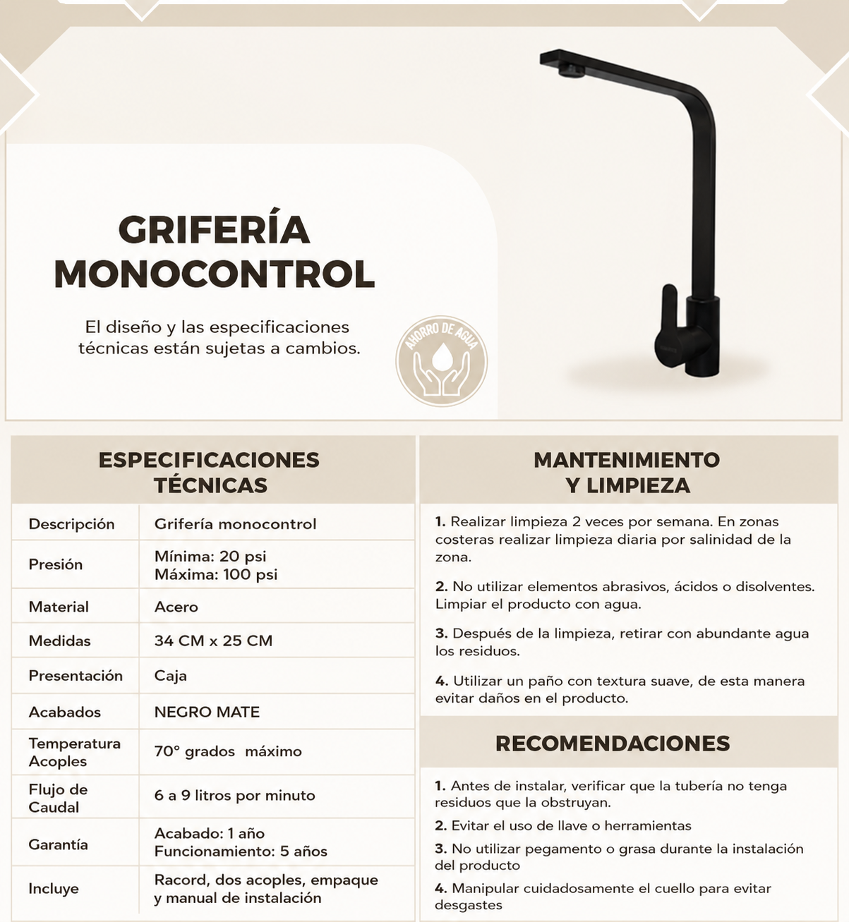 Griferia Monomando Cuello Recto con Manija Redonda Negro