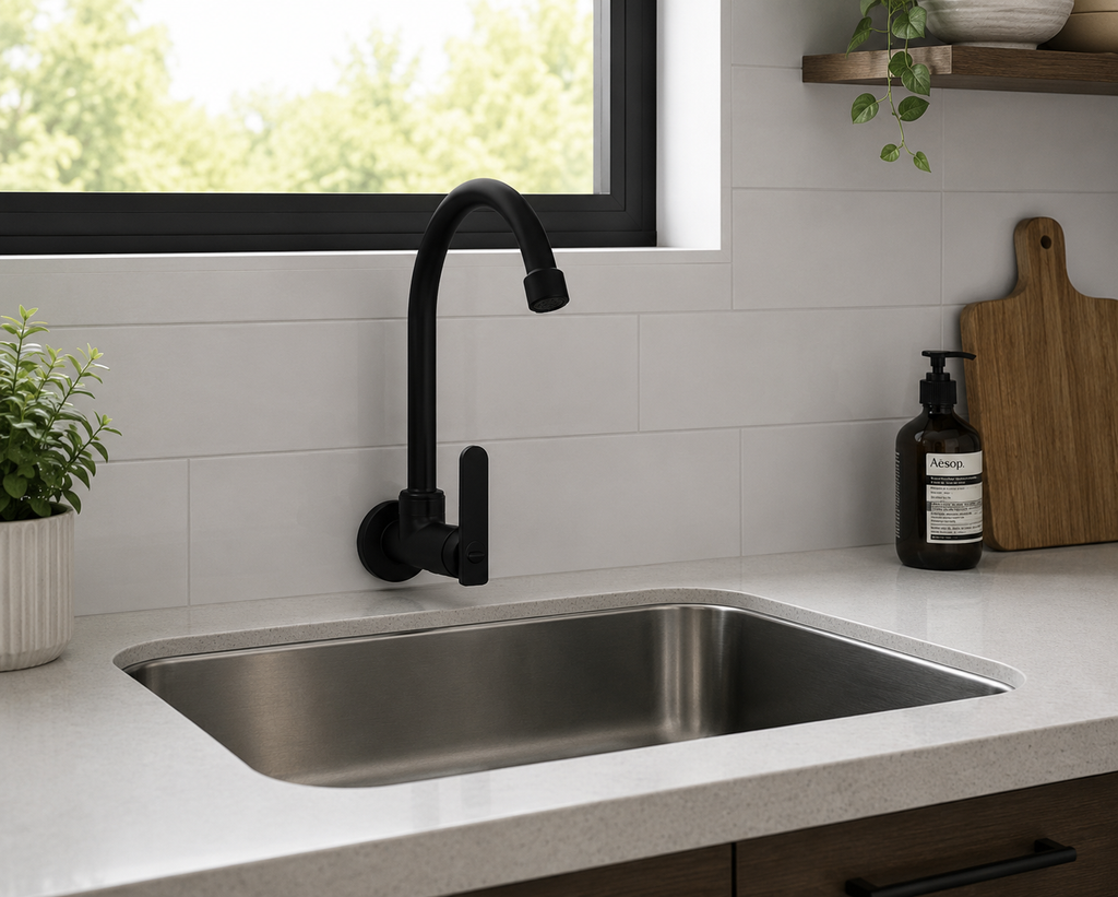 Grifería De Pared Para Lavaplatos Negra Agua Fría