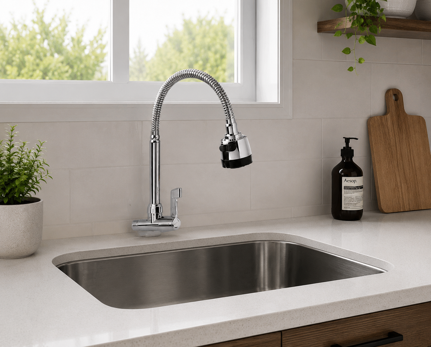 Llave Lavaplatos De Pared Acero Cuello Flexible Plateado