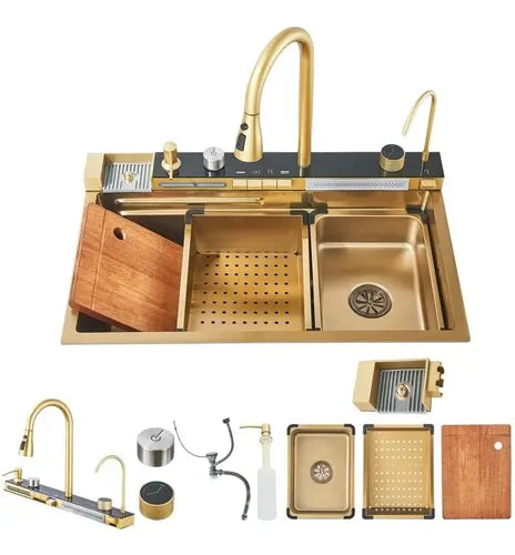 Lavaplatos Inteligente 75CMX45CM Multifuncional Premium Dorado con Accesorios Integrados