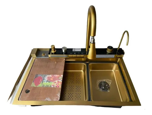 Lavaplatos Inteligente 75CMX45CM Multifuncional Premium Dorado con Accesorios Integrados