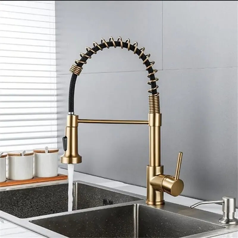 Grifería Monomando Cocina Dorado con Ducha Extraíble Flexible Resorte