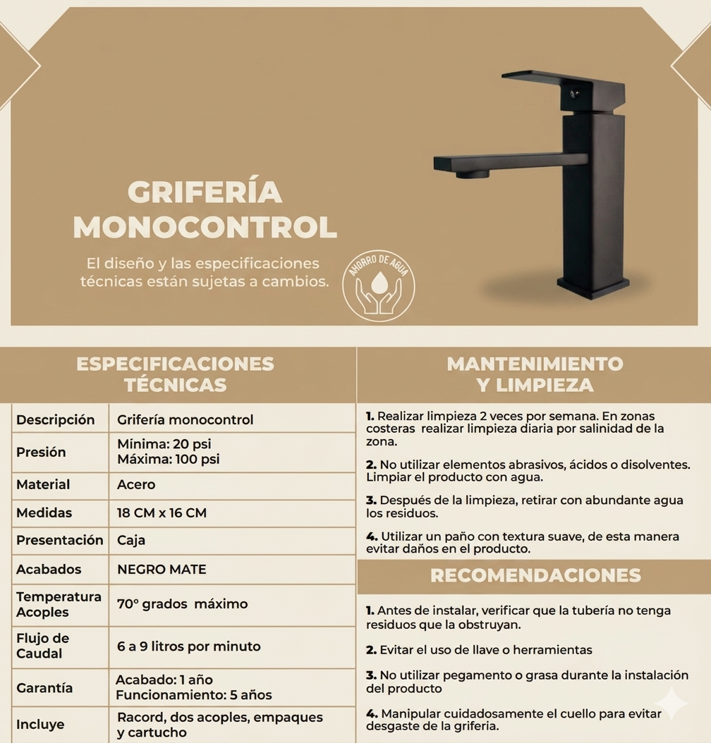 Grifería Monocontrol para Lavamanos Cuadrado Moderno Negro