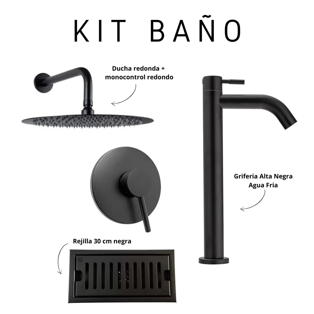 Kit de Baño Completo Negro Mate: Ducha, Grifería y Rejilla 30 cm