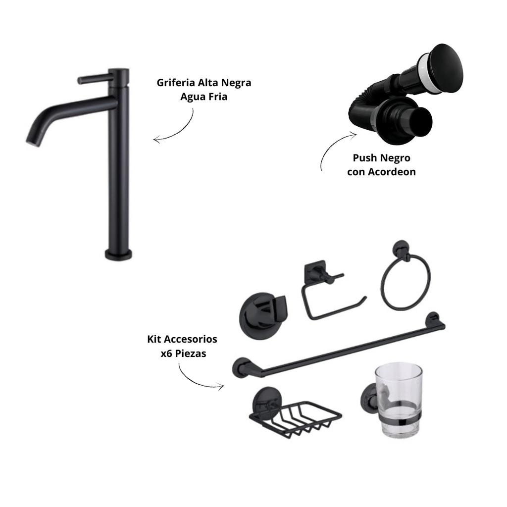 Kit Baño Accesorios X6 piezas + Push Negro + Griferia Agua Fria Alta Lvm