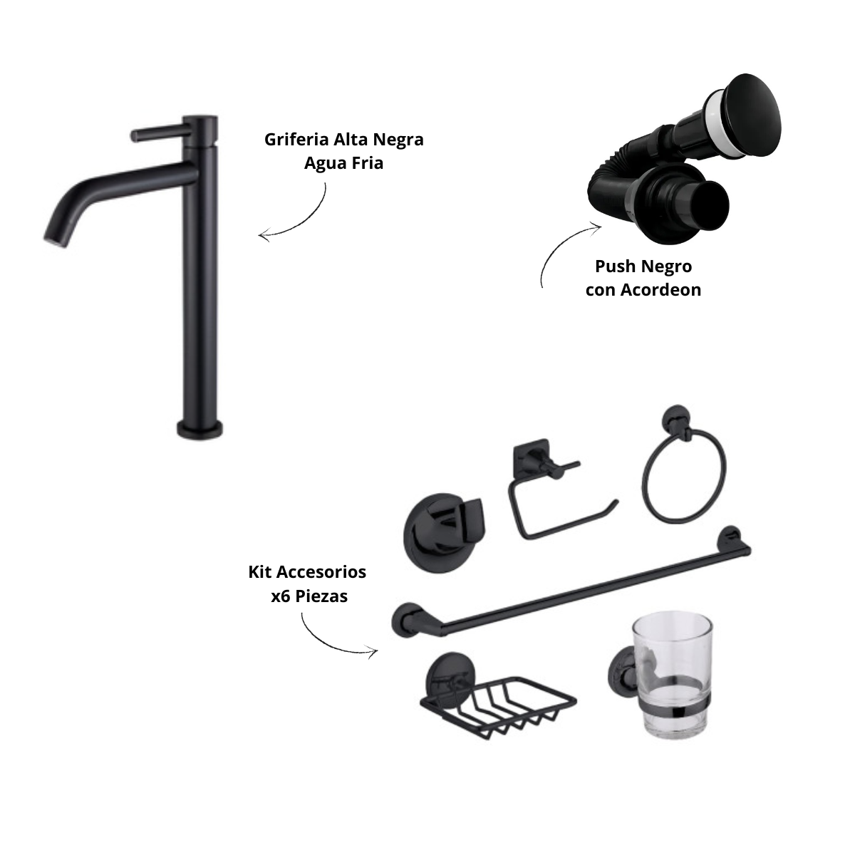 Kit Baño Accesorios X6 piezas + Push Negro + Griferia Agua Fria Alta Lvm