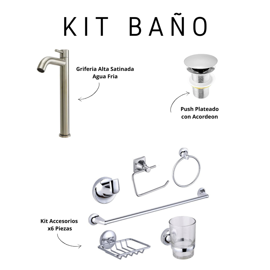Kit Baño Accesorios X6 piezas + Push Plateado + Griferia Agua Fria Alta Lvm