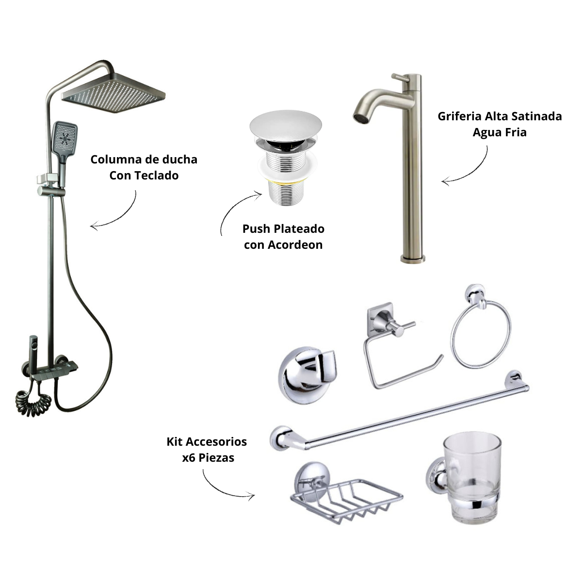 Kit Baño Columna de ducha con teclado + Accesorios + Grifo Lavamanos alta + Push Plateado