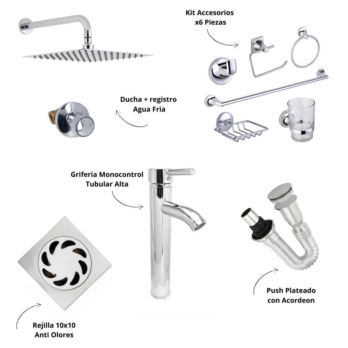 Kit Baño Redondo con Registro Agua Fria Pomo + Accesorios + Rejilla + Griferia Lvm