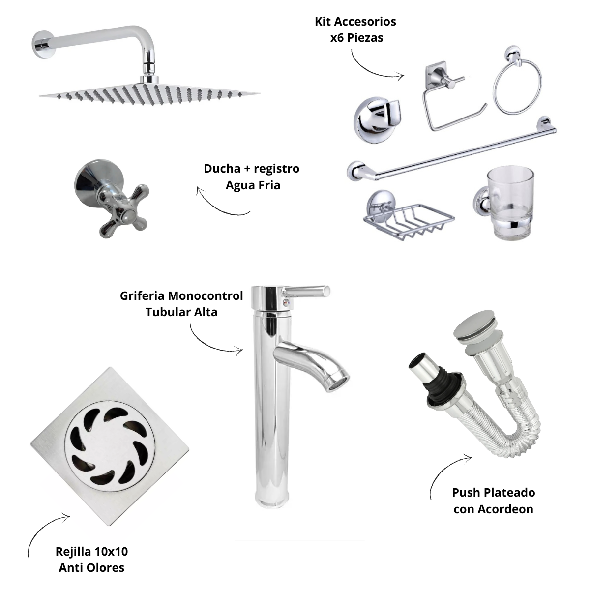 Kit Baño Redondo con Registro Agua Fria Cruceta + Accesorios + Rejilla + Griferia Lvm