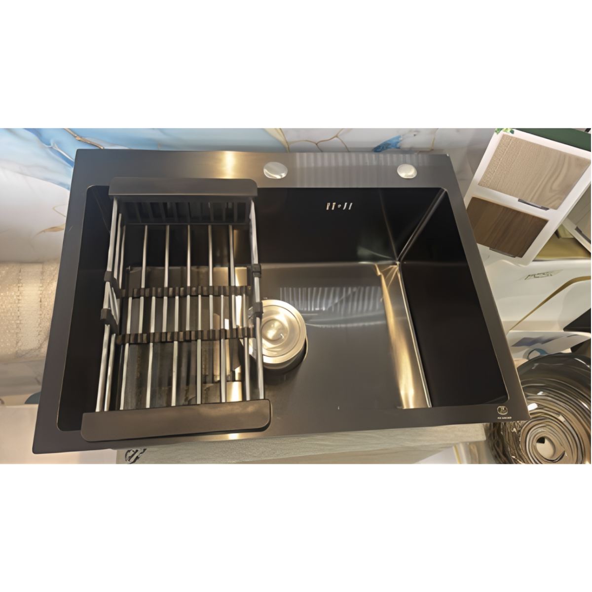 Lavaplatos de Empotrar Negro Mate 60 × 45 cm con Escurridor En Acero
