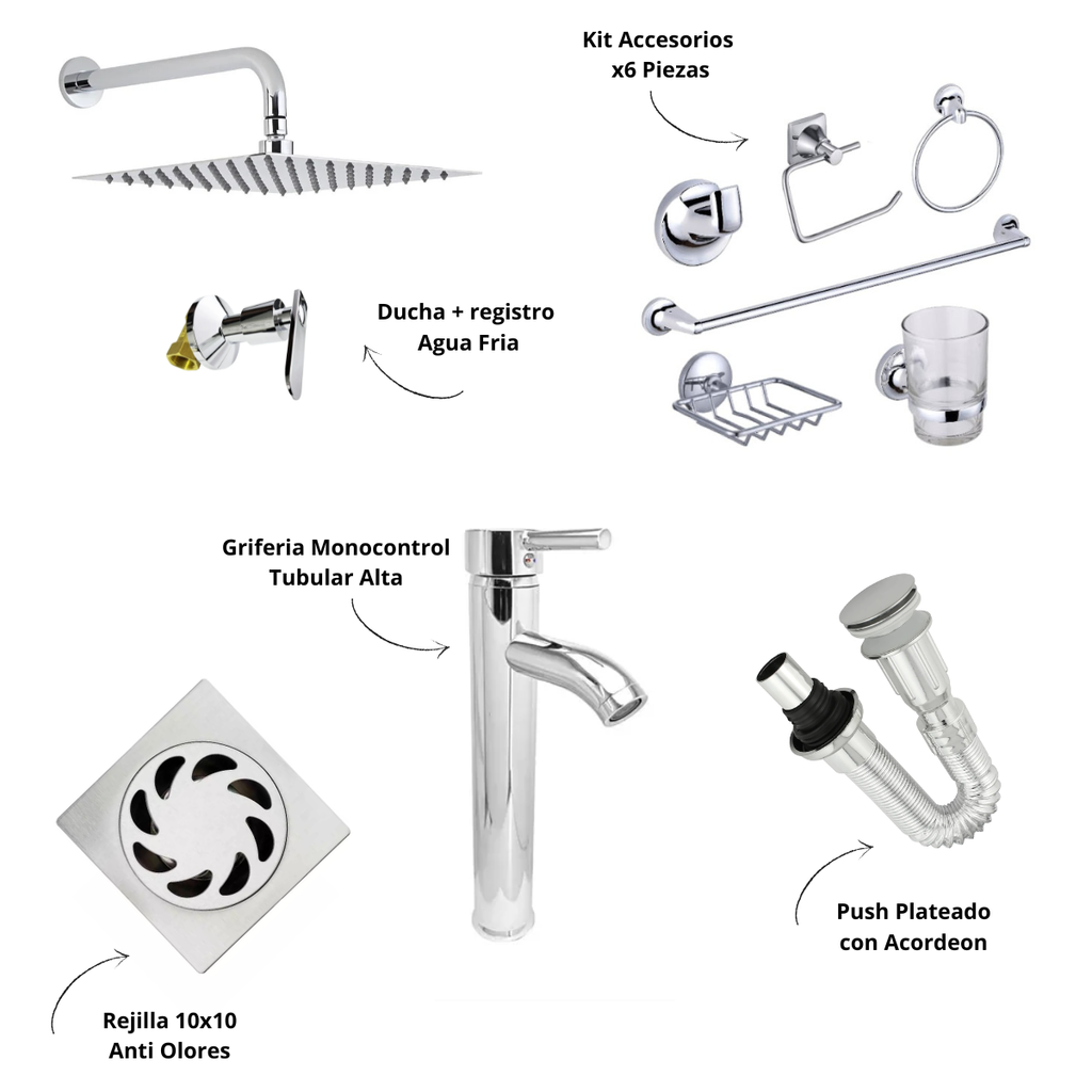 Kit Baño Redondo con Registro Agua Fria Palanca + Accesorios + Rejilla + Griferia Lvm Monocontrol