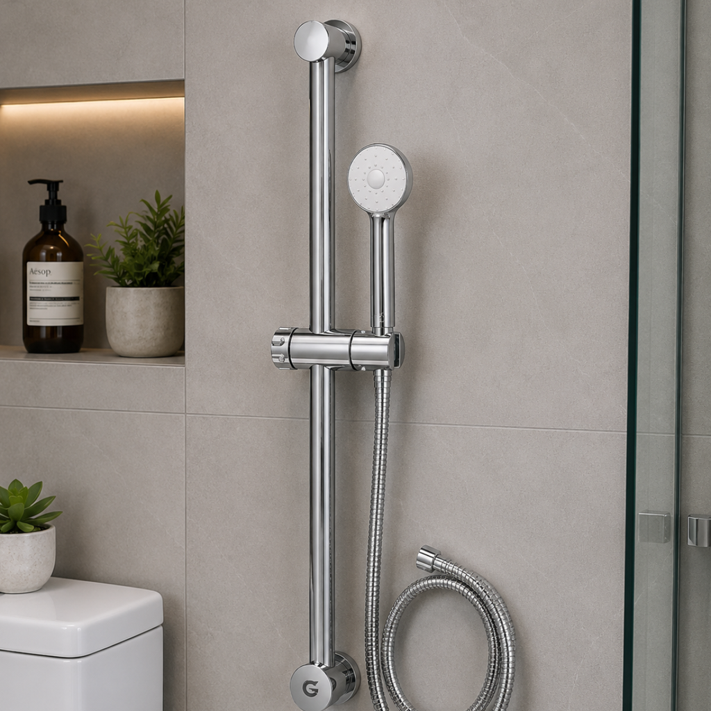 Teleducha Con Soporte Ajustable Cromado Escualizable Abs Manguera 1.50M Acero Inoxidable