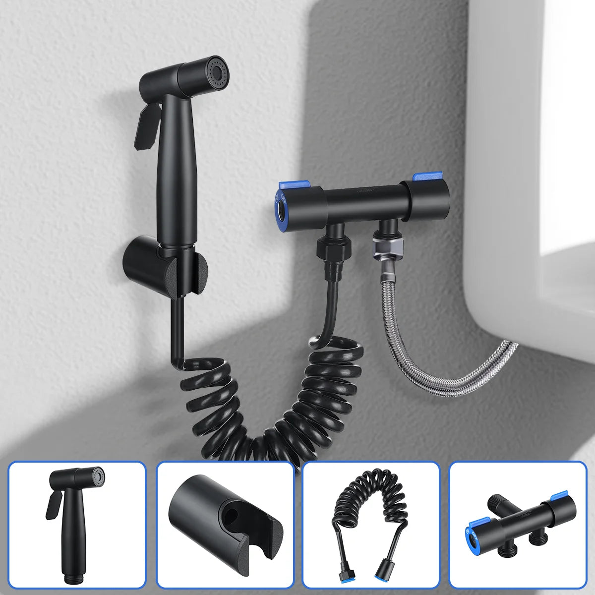 Kit De Ducha Bidet Acero + Soporte + Manguera 120Cm Color Negro Mate