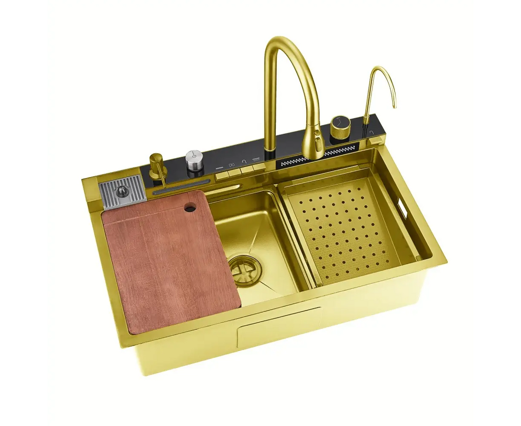 Lavaplatos Inteligente 75CMX45CM Multifuncional Premium Dorado con Accesorios Integrados