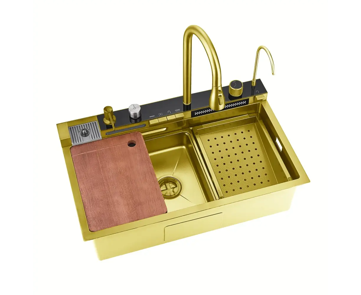 Lavaplatos Inteligente 75CMX45CM Multifuncional Premium Dorado con Accesorios Integrados