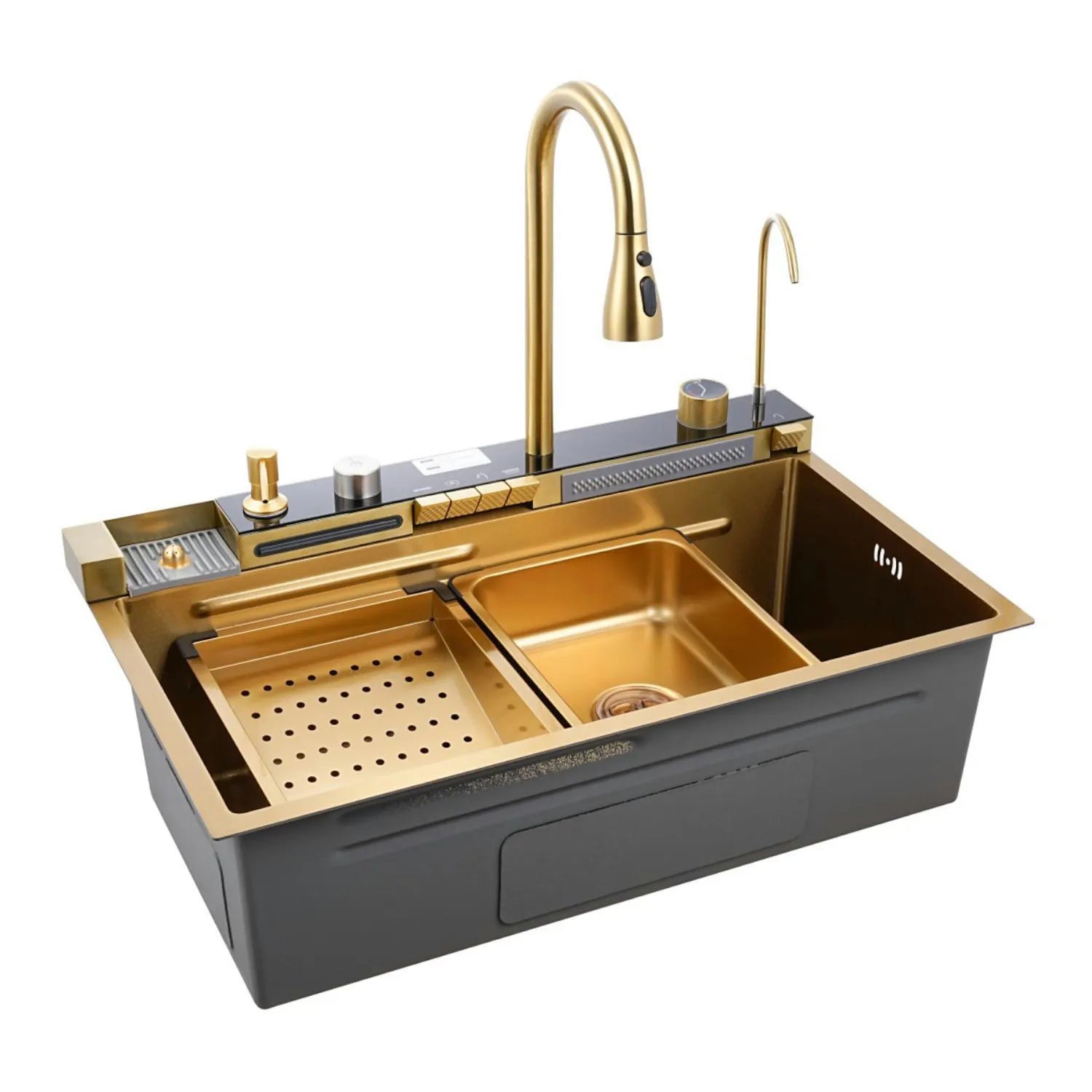 Lavaplatos Inteligente 75CMX45CM Multifuncional Premium Dorado con Accesorios Integrados